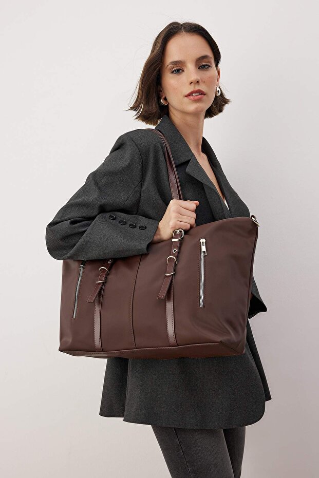 Kahverengi Çift Askılı Büyük Maxi Tote Kadın Maksi Boy Omuz Çantası TAKAW26OC00073 - 2