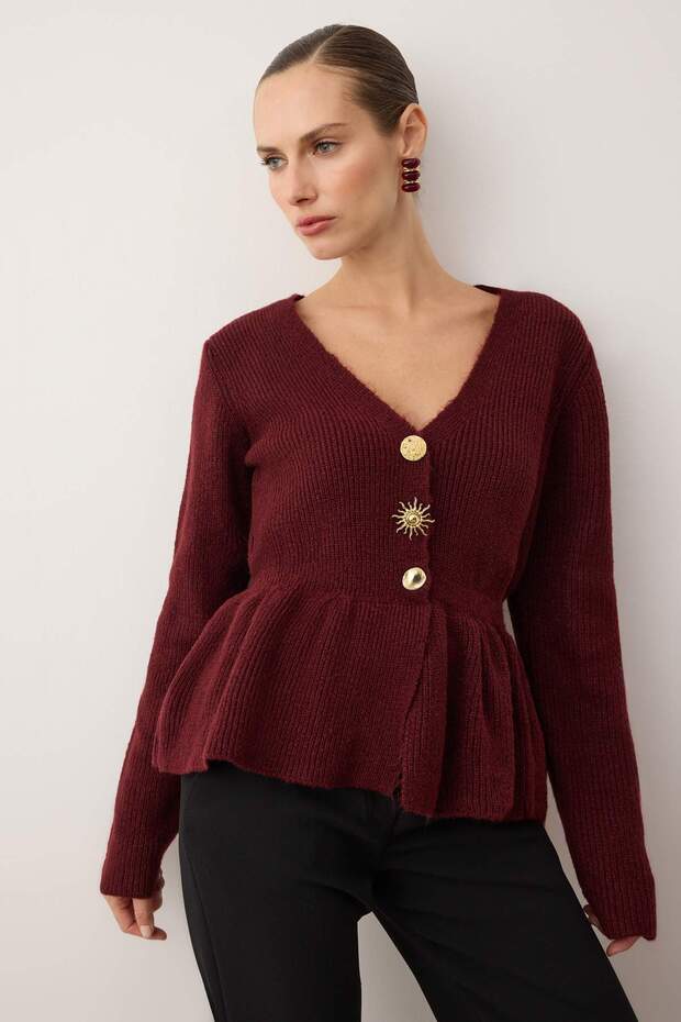 Bordo Yumuşak Dokulu Düğme Detaylı Triko Hırka TWOAW26HI00221 - 2