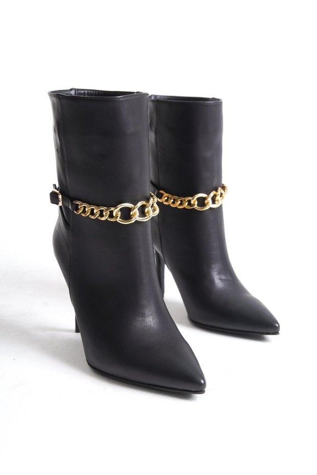 Mubiano Genuine Leather Collection Women's Chain Detailed Heeled Boots Black - Mcalm23142 - S