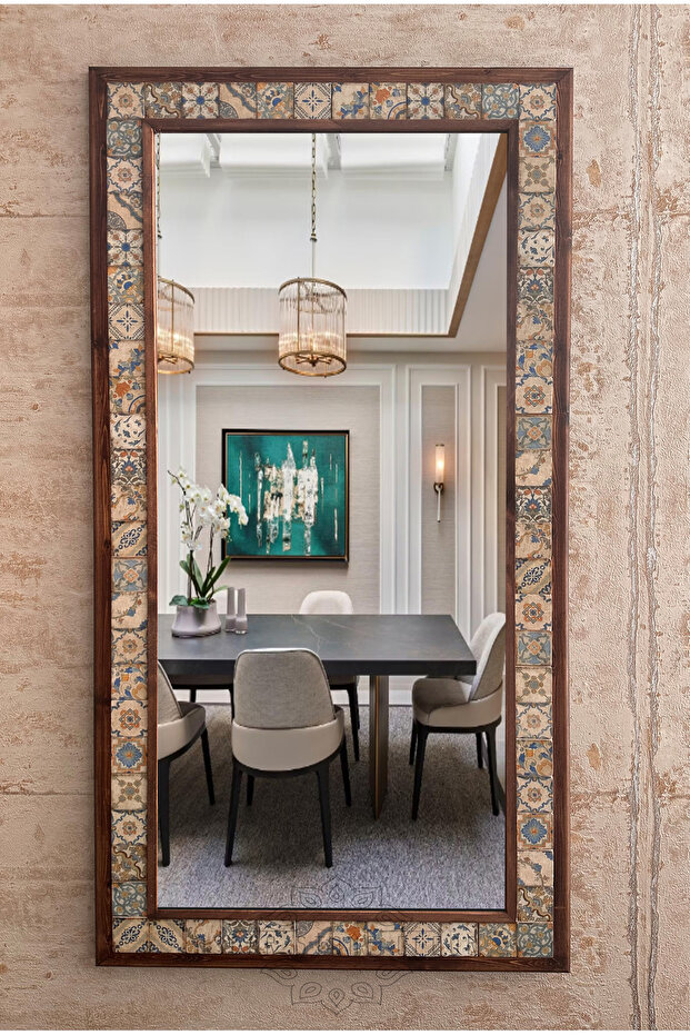Oscar Stone Decor Ahşap Çerçeveli Mozaik Taş (mermer) Ayna Seramik Desenli Konsol Dresuar Banyo Balkon Aynası