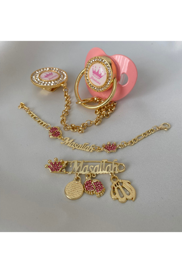 Gold Plated Zircon Stone Pacifier Set - Mashallah Needle & Baby Tag Included
