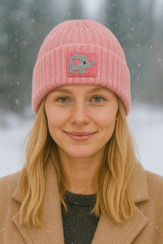 Pink Wool Luxury Beret with Pink Elephant Punch Detail, Unisex Beret