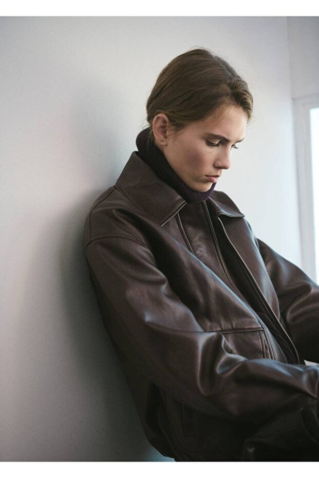 Oversize deri görünümlü ceket - 8