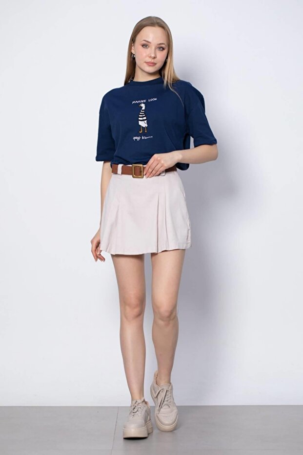 Women's Beige Pleated Shorts Skirt