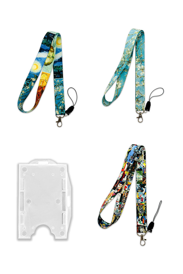 Van Gogh Patterned Neck Lanyard Badge Holder + Double-Sided Card Holder Set of 4