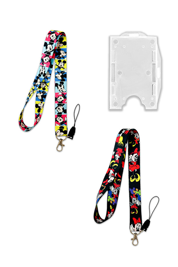 Minnie-Mickey Patterned Neck Lanyard Badge Holder + Double-Sided Card Holder Set of 3