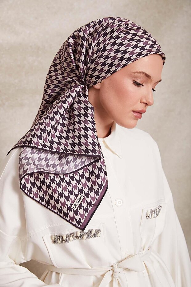 Lilac Houndstooth Pattern Twill Silk Scarf - 1