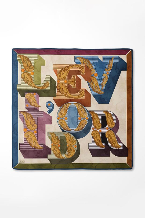 وشاح حريري بنمط مختلط من قماش التويل باللون النيلي - 3