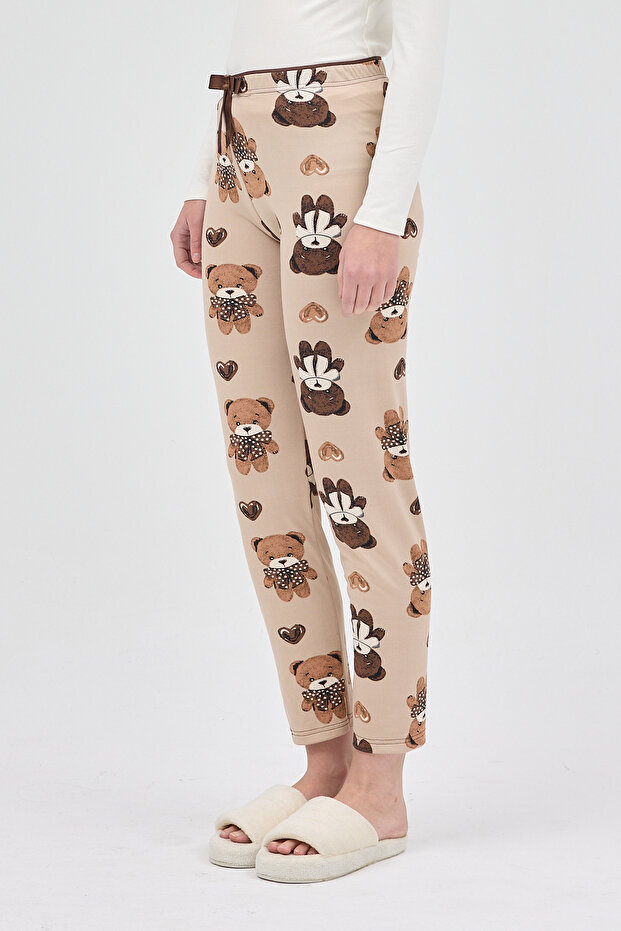 بيجامة نسائية منقوشة باللون البيج الداكن 4535 - 3