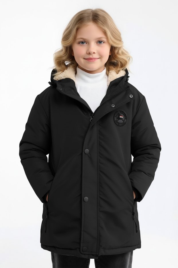 Girl's Black Windproof Winter Coat - Detachable Hood, Fiber Filling