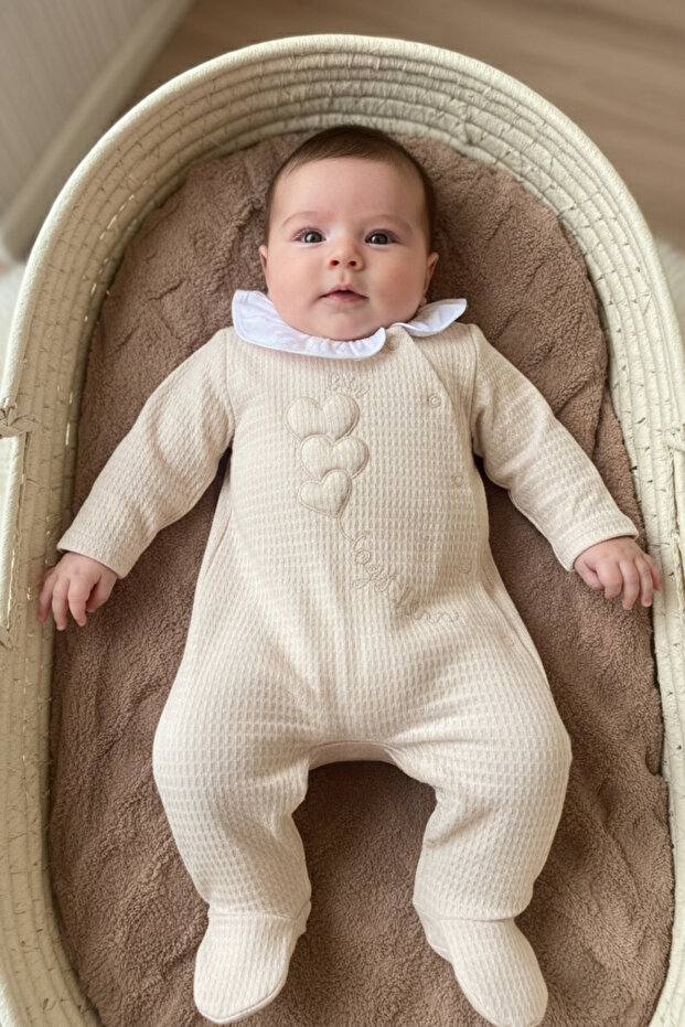 Seasonal Long Sleeve Baby Girl Romper with Collar, 100% Cotton, Snap Fasteners, with Booties, 3-9 Months, Beige