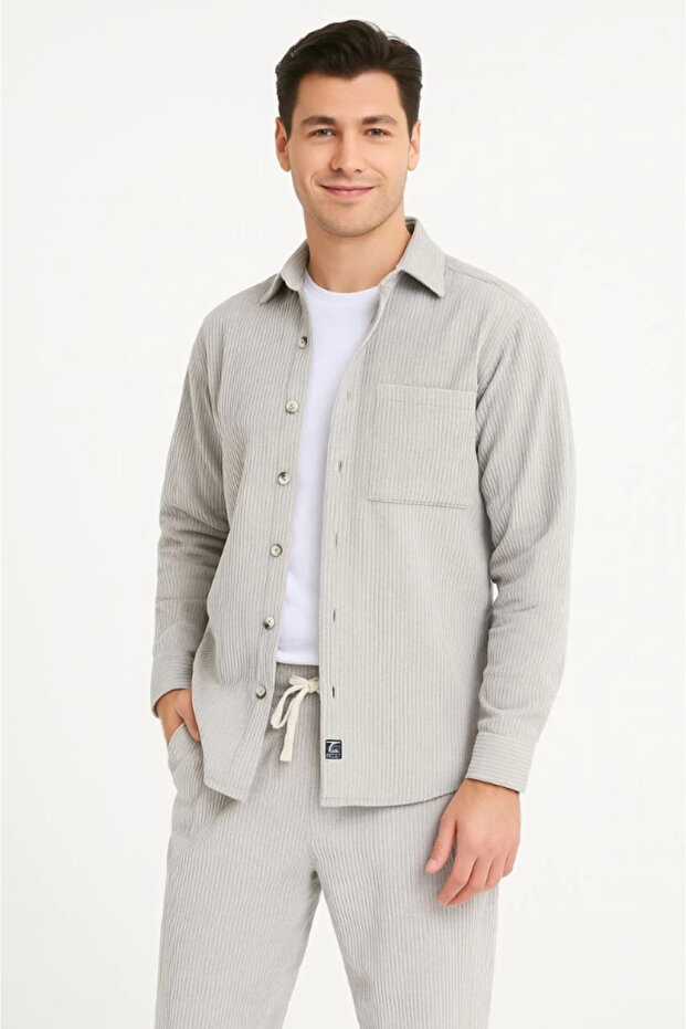 Men's Velvet Oversized Set Shirt and Pants Two-Piece Set - Gray