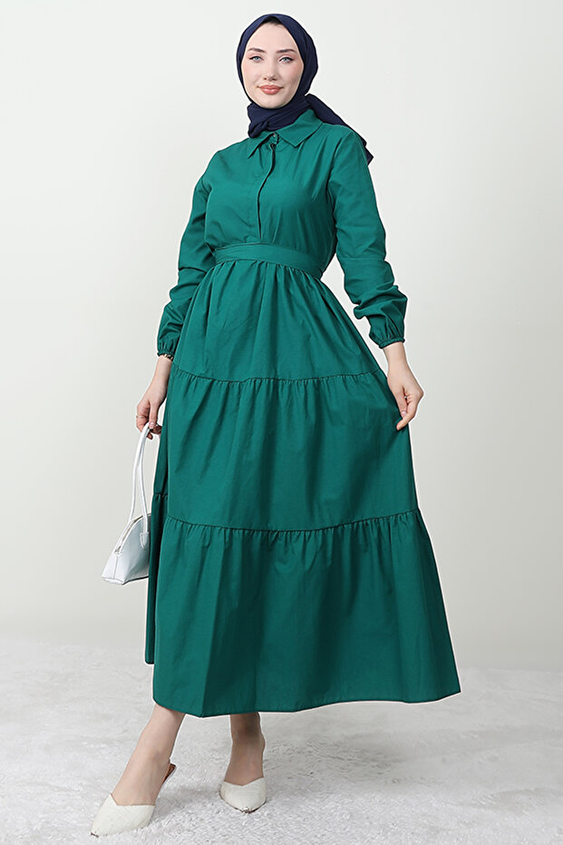 Standard Collar Buttoned Dress Emerald