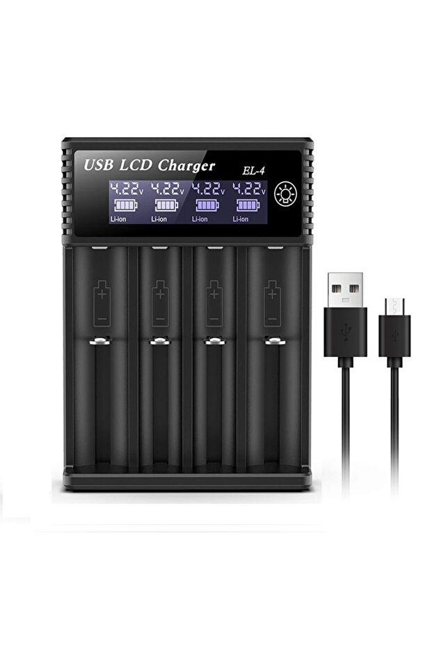 شاحن بطارية ذكي مزود بـ 4 فتحات USB وUSB وLCD وفتحة مزدوجة لبطارية ليثيوم قابلة لإعادة الشحن 18650 3.7 فولت