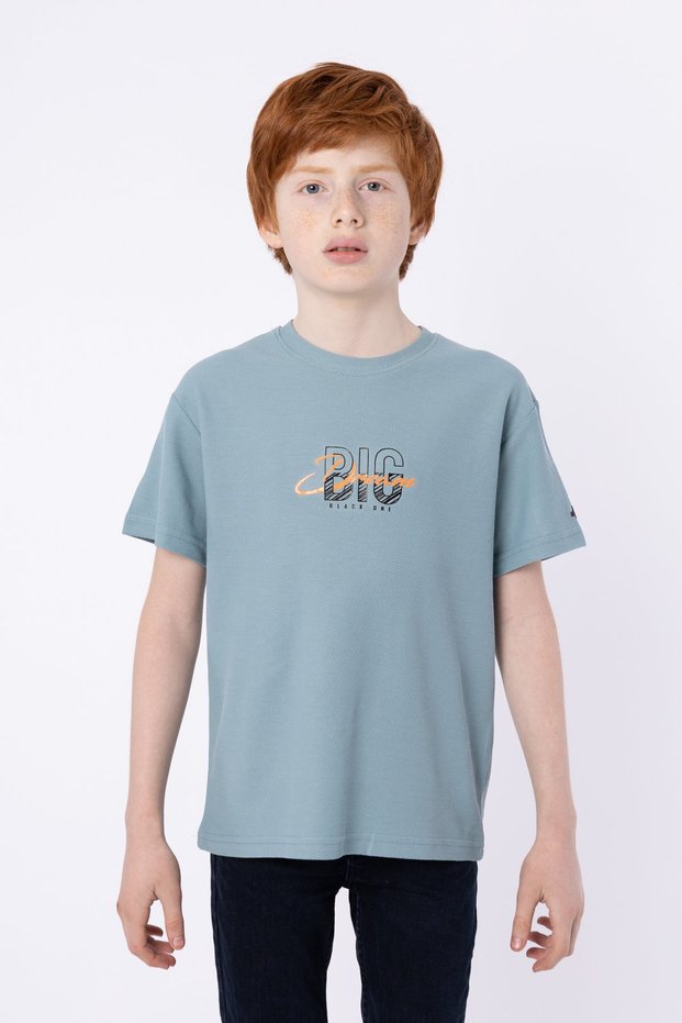 100% Cotton Honeycomb Fabric Anti-Sweat Printed Pocket Detailed Boys' Summer Crew Neck T-shirt