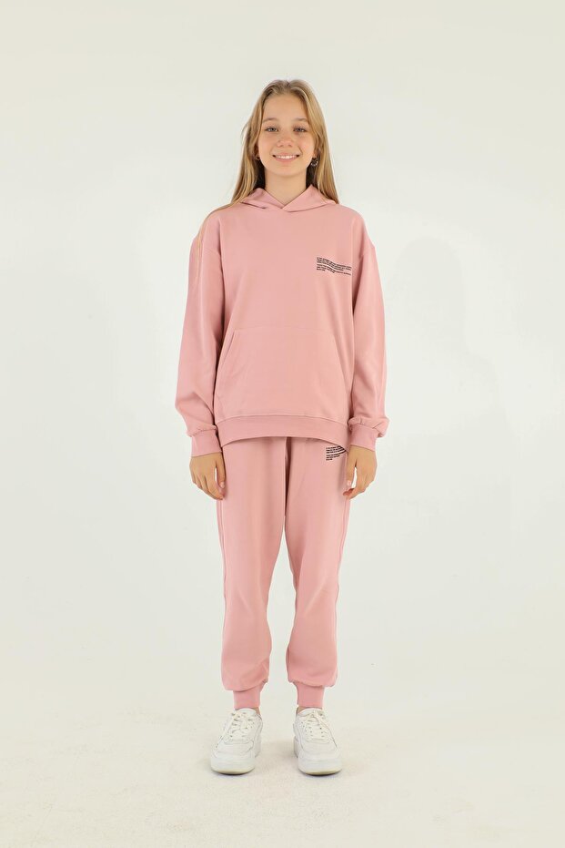 Basic Girl's Tracksuit Set with Hooded Print Detail and Steel Interlock Fabric