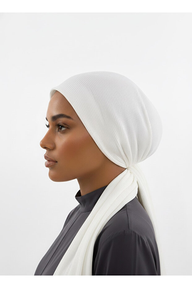 Pleated Tie Ecru Ready-To-Wear Turban Hijab Bonnet Suitable for Medical Use