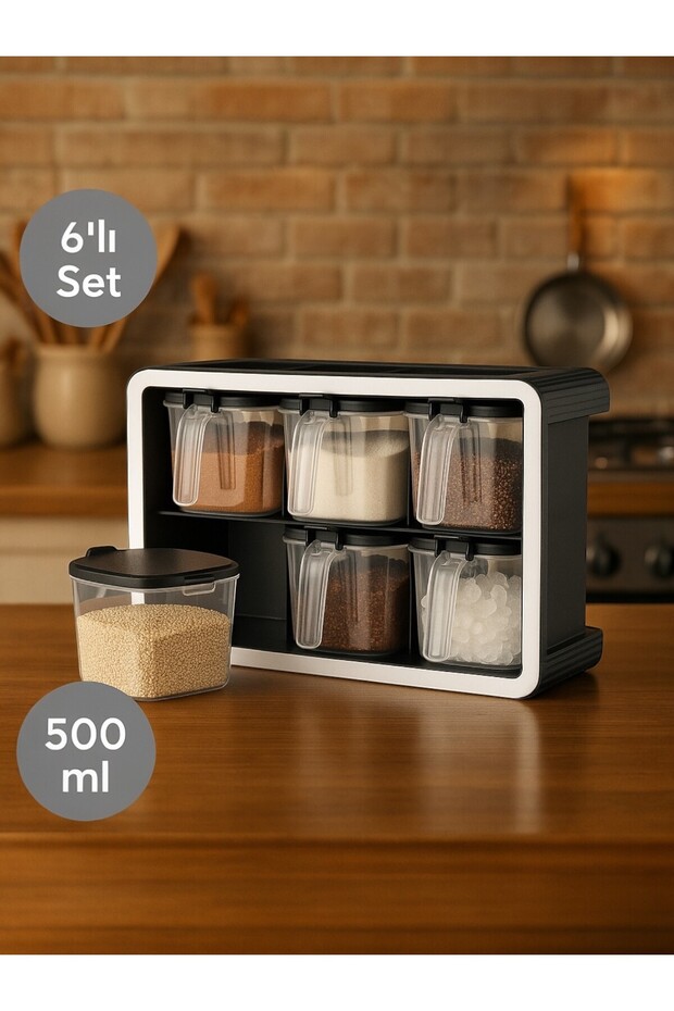 Set of 6 500 ml Self-Adhesive Spice Rack Organizer with Spoon and Stand