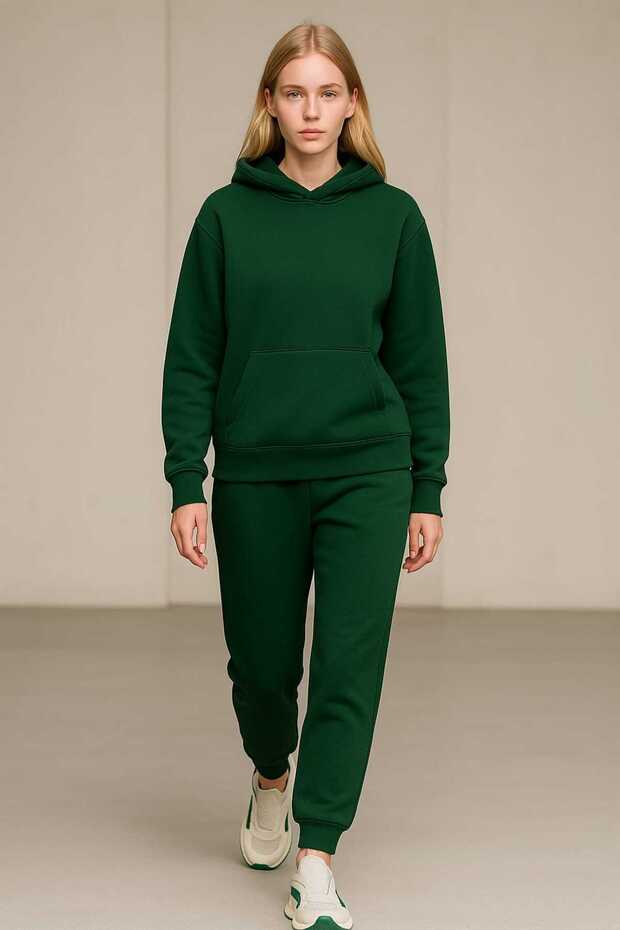 Unisex Green Plain Oversized 3 Thread K Hooded Sweatshirt -Hoodie