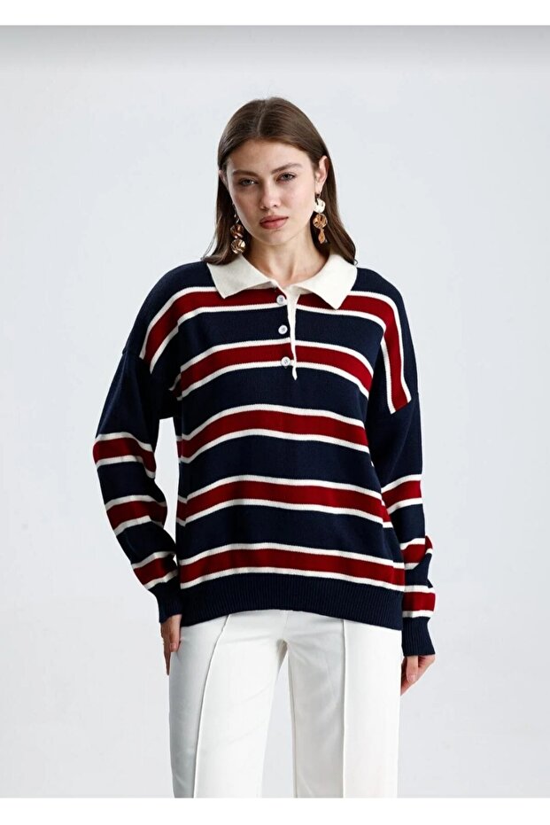 Women's Polo Neck Stripe Knitwear Sweater