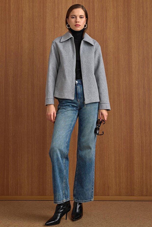 Zipper Closure Oversized Short Coat Light Gray 3157