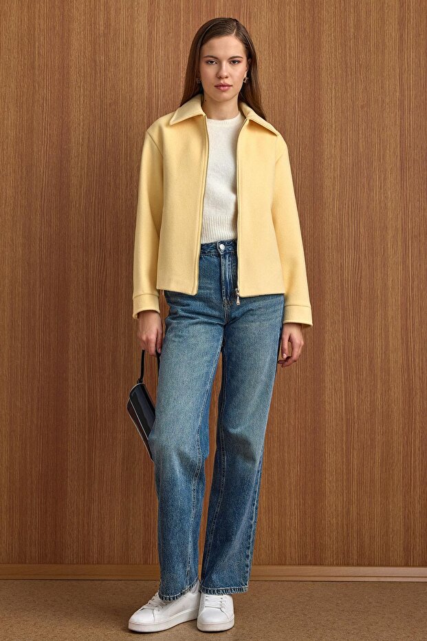 Zipper Closure Oversized Short Coat Yellow 3157