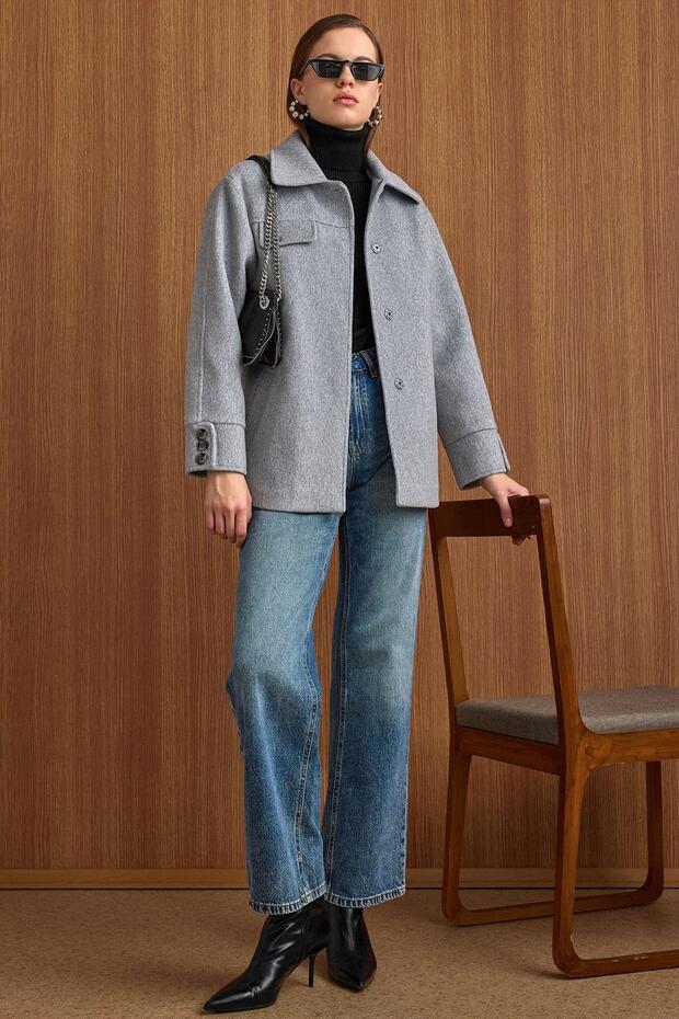 Shirt Collar Belt Detail Oversized Short Coat Light Gray 3155