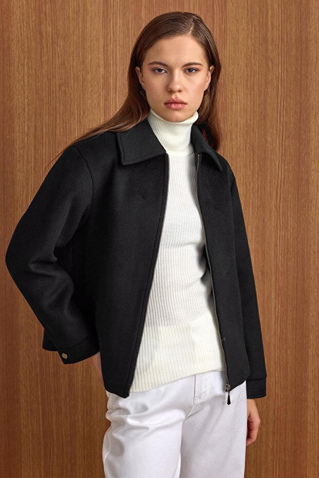 Zipper Closure Oversized Short Coat Black 3157