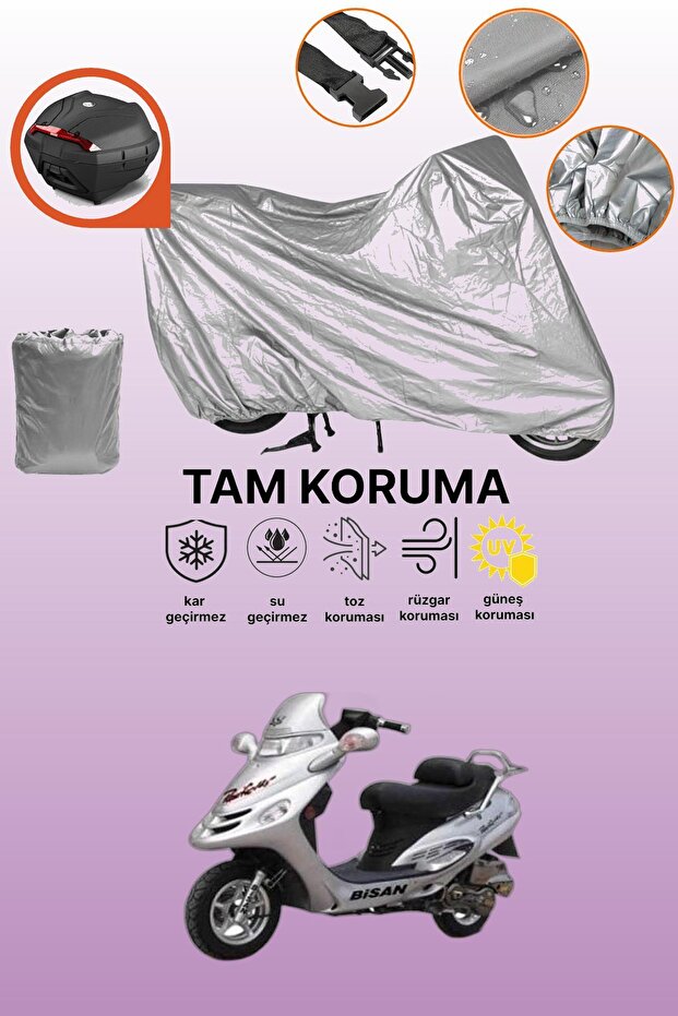 Gray Rear Bag Compatible Bisan Pacific 125 Compatible Motorcycle Cover, Protective Cover