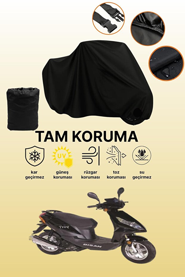 Black Bisan Troy 100 Compatible Motorcycle Cover, Protective Cover, Motorcycle Tarpaulin