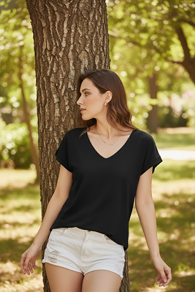 Kadın Siyah Basic Viskon Tişört - 2