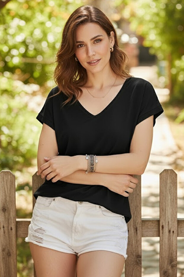 Kadın Siyah Basic Viskon Tişört - 1