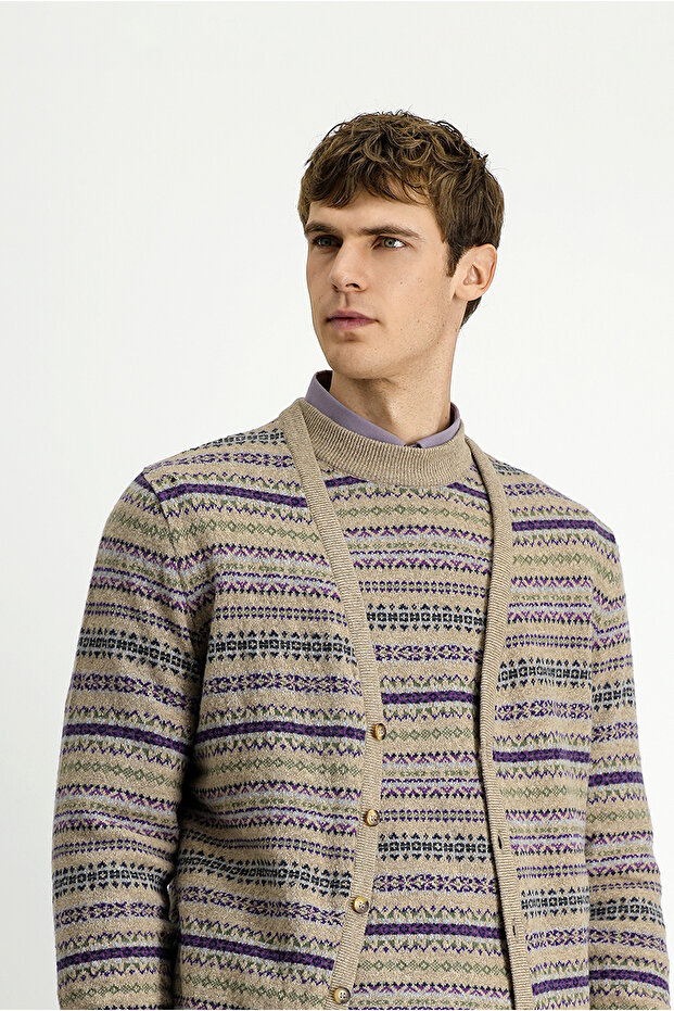 Desenli Yünlü Triko Hırka - 5