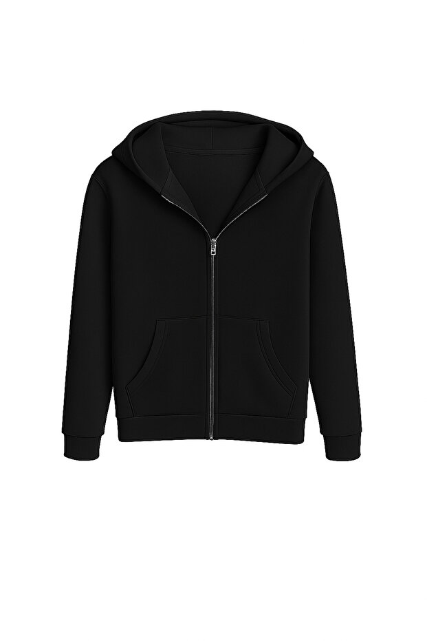Men's Black 100% Natural Cotton 3 Thread Ş Fleece-Lined Thick Winter Zippered K Hooded Pocket Sweatshirt