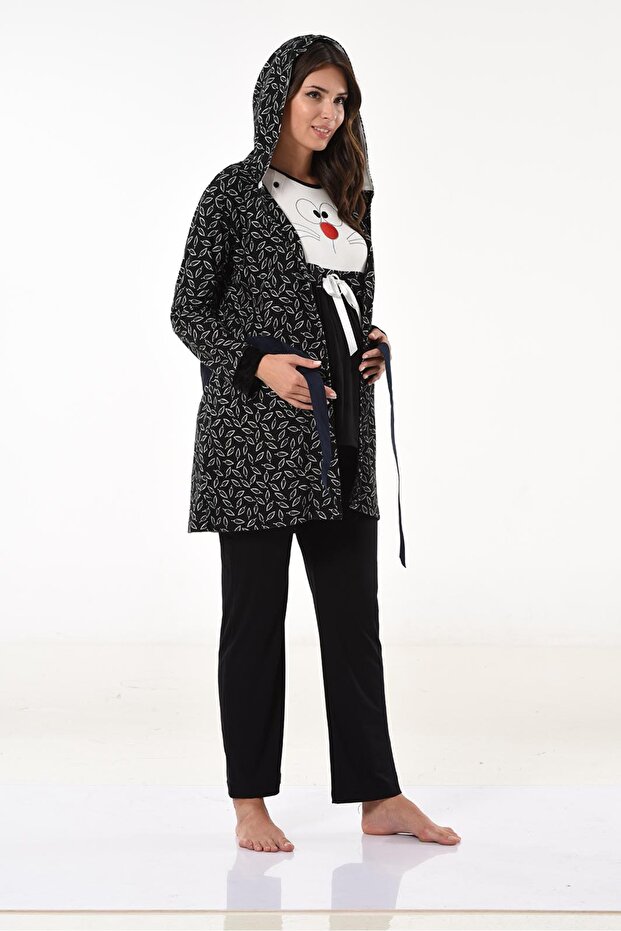 Black Leaf Pattern Hooded Velvet Dressing Gown Suitable for Breastfeeding Pregnant and Postpartum Pajama Set