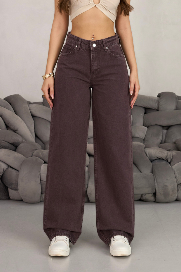 Dámske hnedé džínsy so širokými nohavicami a vysokým pásom - 1