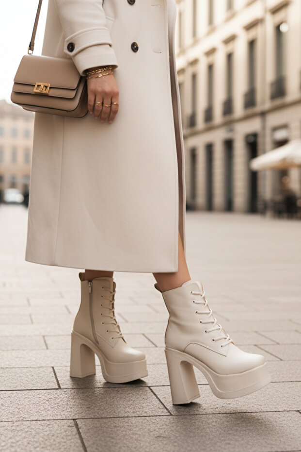 Kadın Kalın Taban Platform Yüksek Topuk Bağcıklı Fermuarlı Bot - 4