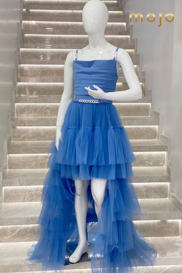 Erkut Evening Dress with Detachable Collar and Stone Detail, Short Front Evening Dress 615 Indigo