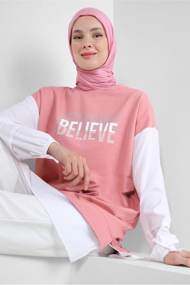 Text Printed Garnished Sweatshirt Tunic 43664