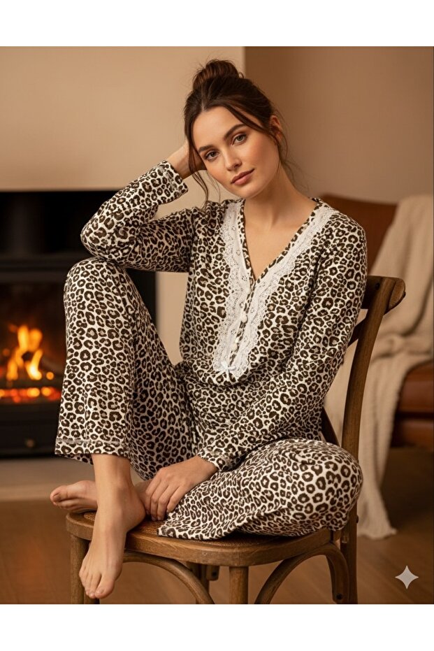Leopard Patterned Cotton Combed Fabric Pajama Set