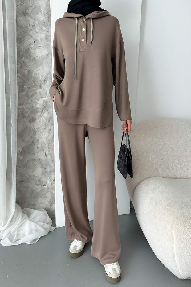 Women's Modal Fabric Snap Fastener Hooded Oversized Tunic Set 1119