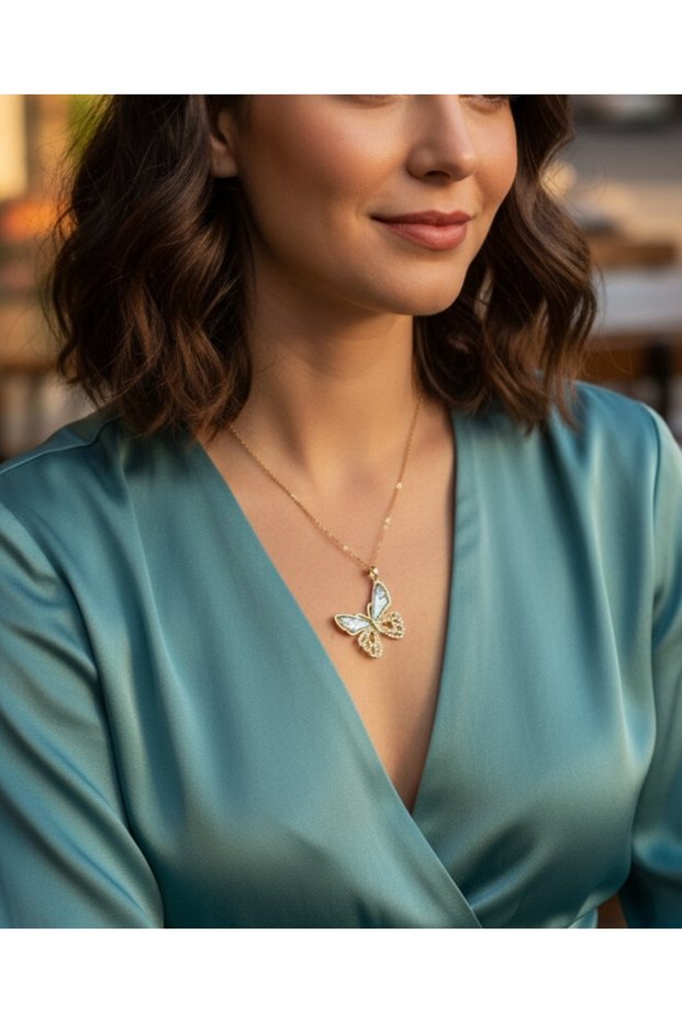 Women's Gray Stone Butterfly Necklace Stainless Steel