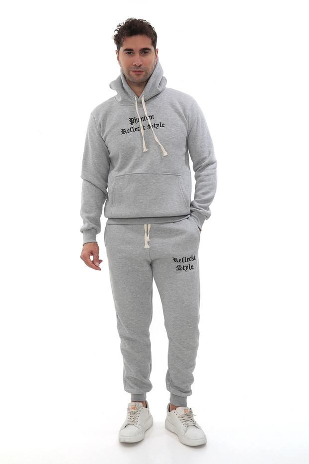 Light Gray Melange Stylish Men's Tracksuit Set with Fleece Inside, Elasticated Legs, Pockets, K Hooded Embroidery Detail