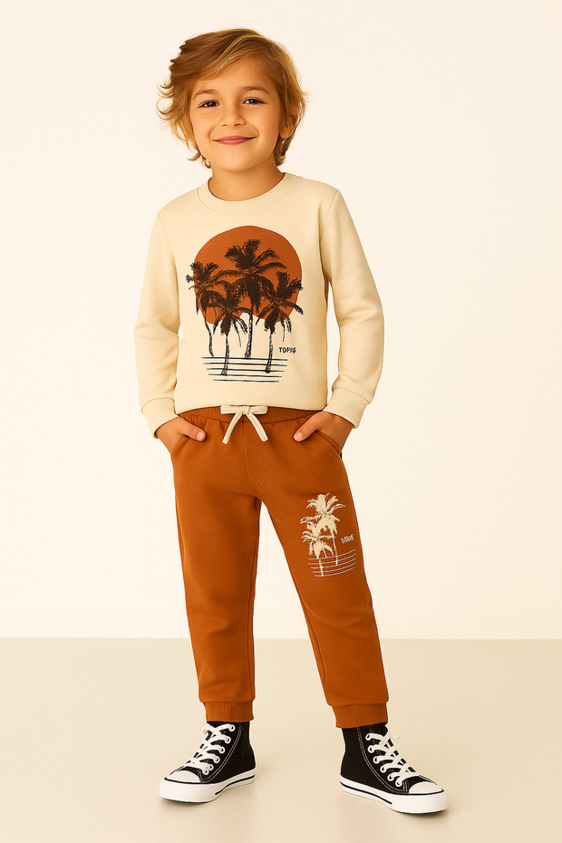 Tropical Printed Long Sleeve Elastic Waist Pocket Unisex Children's Bottom Top Suit