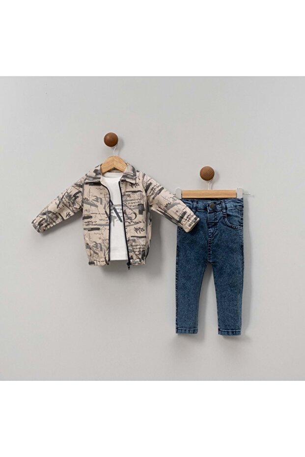 Printed Jacket with Denim Pants Three-Piece Set Gray