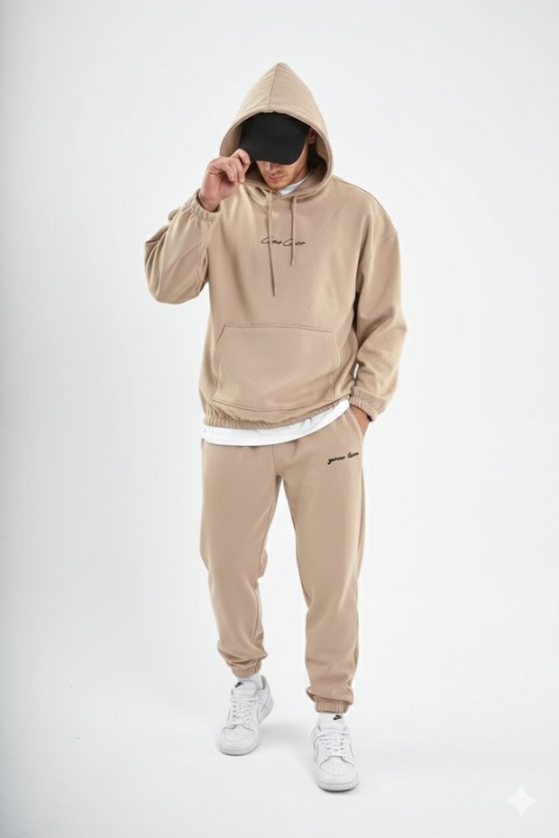 Tracksuit Set with Stand-Up Collar and Zipper *** Hooded Drawstring Model ** Elasticated Sweatpants
