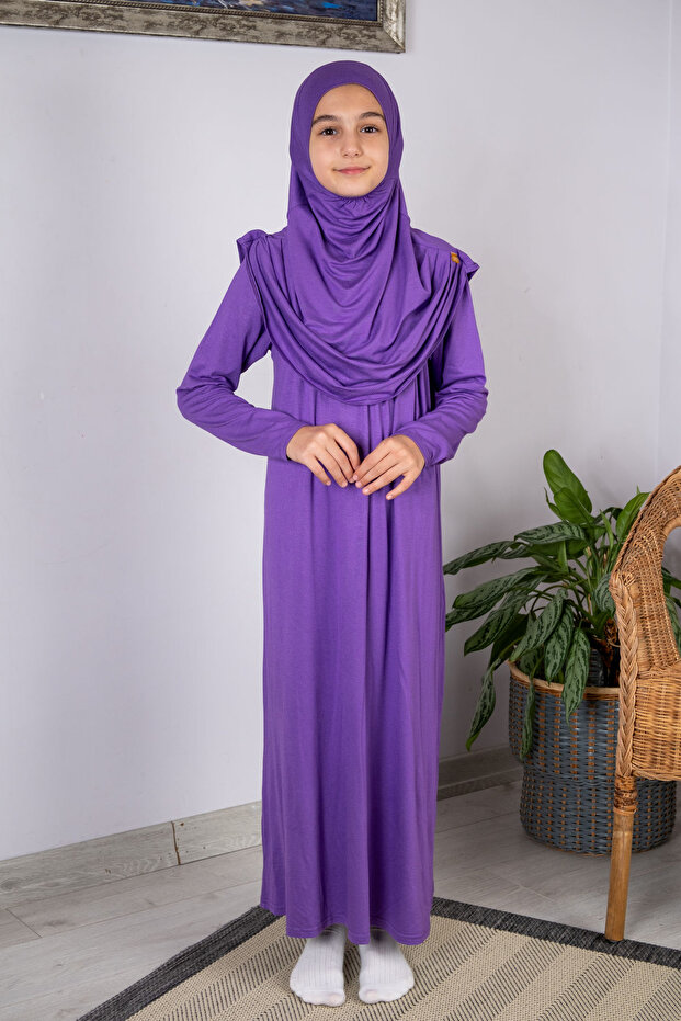 Practical Headscarf One-Piece Children's Prayer Dress 8-12 Years Old - Purple