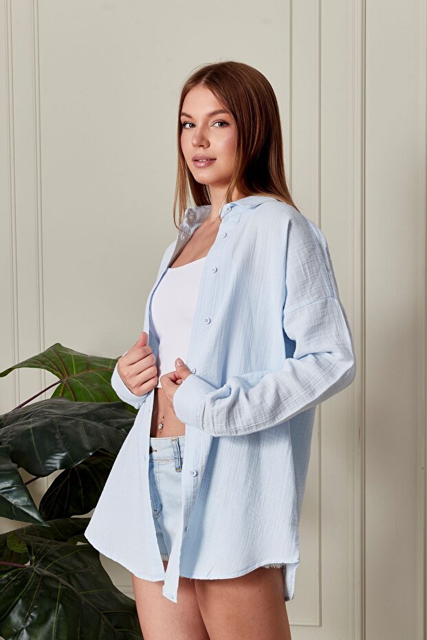 Kadın Oversize Basic Müslin Gömlek Bebe Mavi - 4