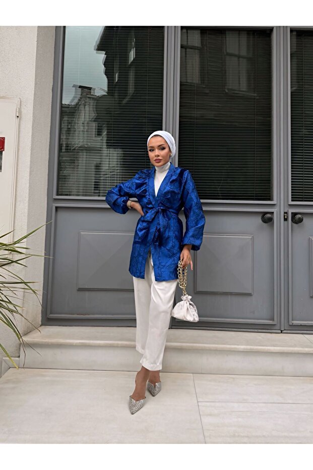 Women's Waist Tied Tonic Long Cobalt Blue Jacket
