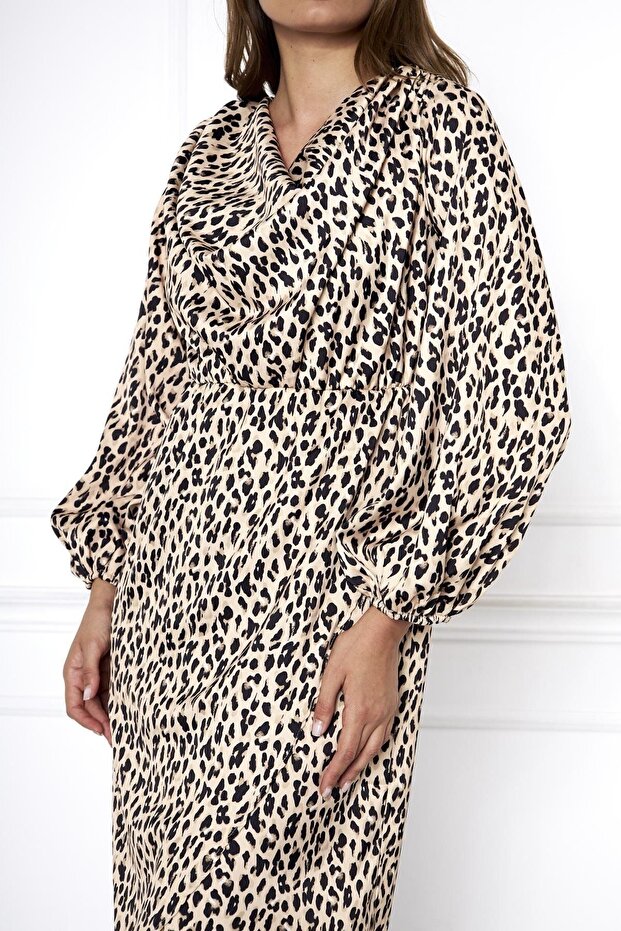 Rochie leopard cu mânecă lungă, elegantă, cu fantă - 2